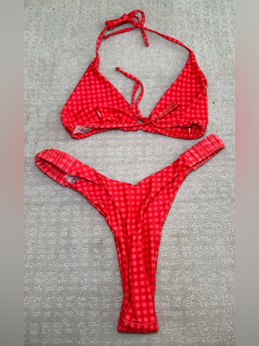 NWOT 3 Piece Bikini Bundle Gingham Check High Cut Triangle Swim‎ Pink Red Blue L - Picture 6 of 10